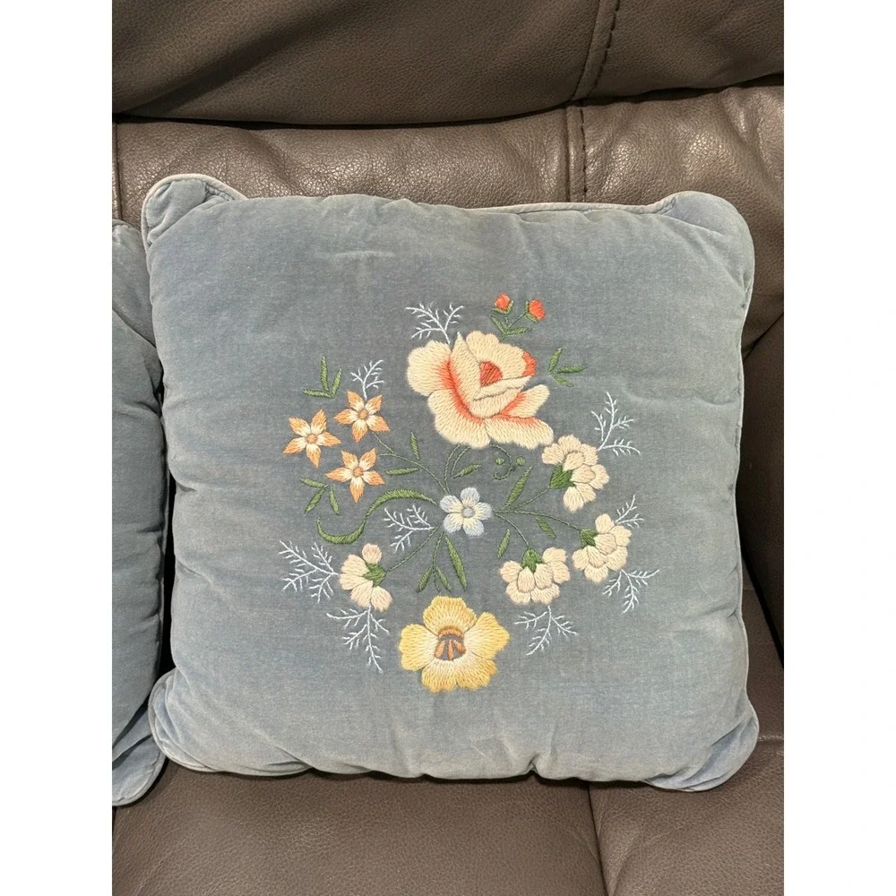 Set of 2 Embroidered‎ Floral Throw Pillows Light Blue Velvet Cottagecore Accent
